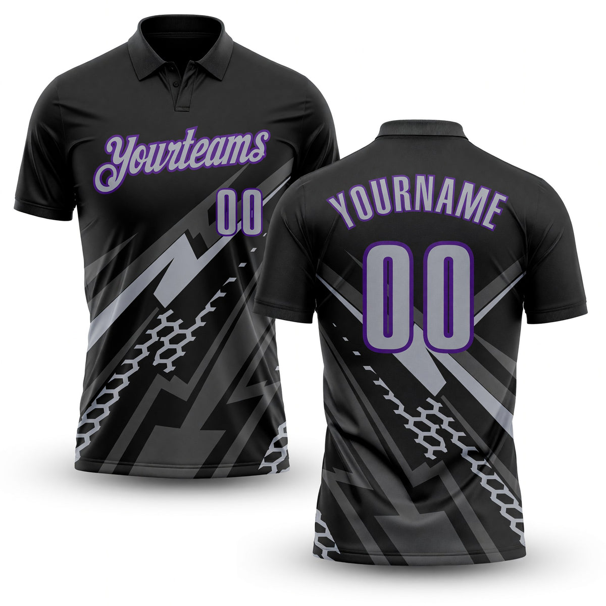 Custom Black Gray-Purple Lightning Geometric Performance Polo Shirt