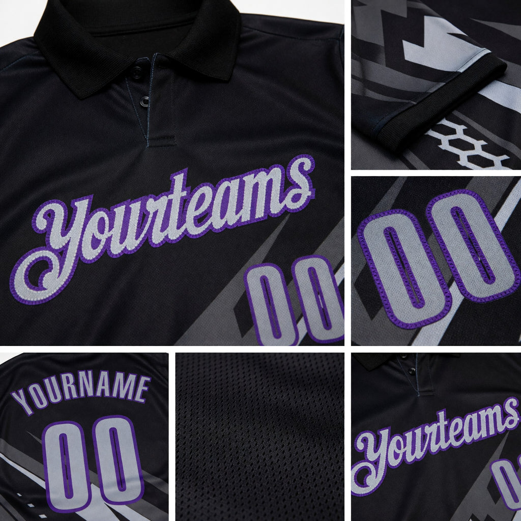 Custom Black Gray-Purple Lightning Geometric Performance Polo Shirt detail