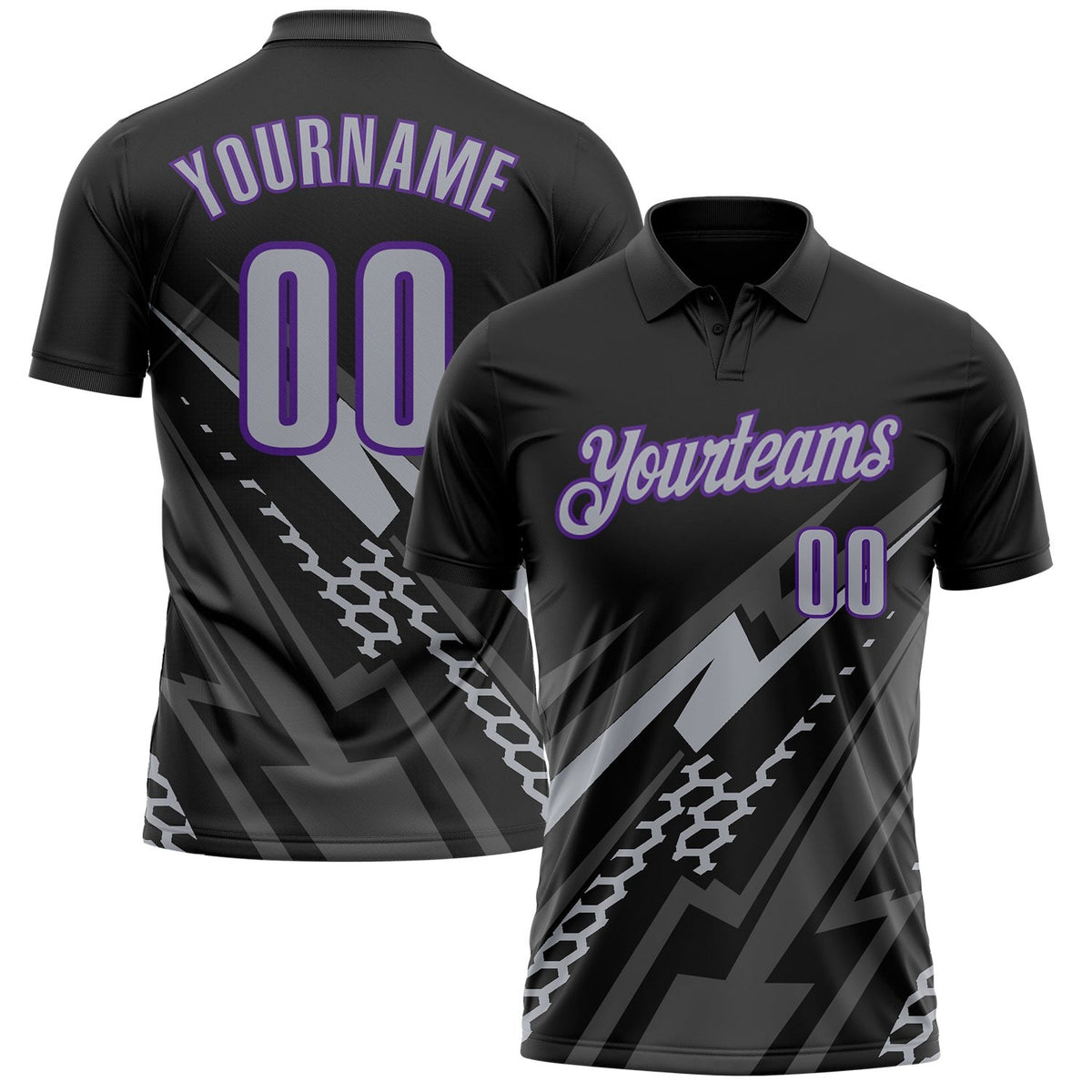 Custom Black Gray-Purple Lightning Geometric Performance Polo Shirt photo 1