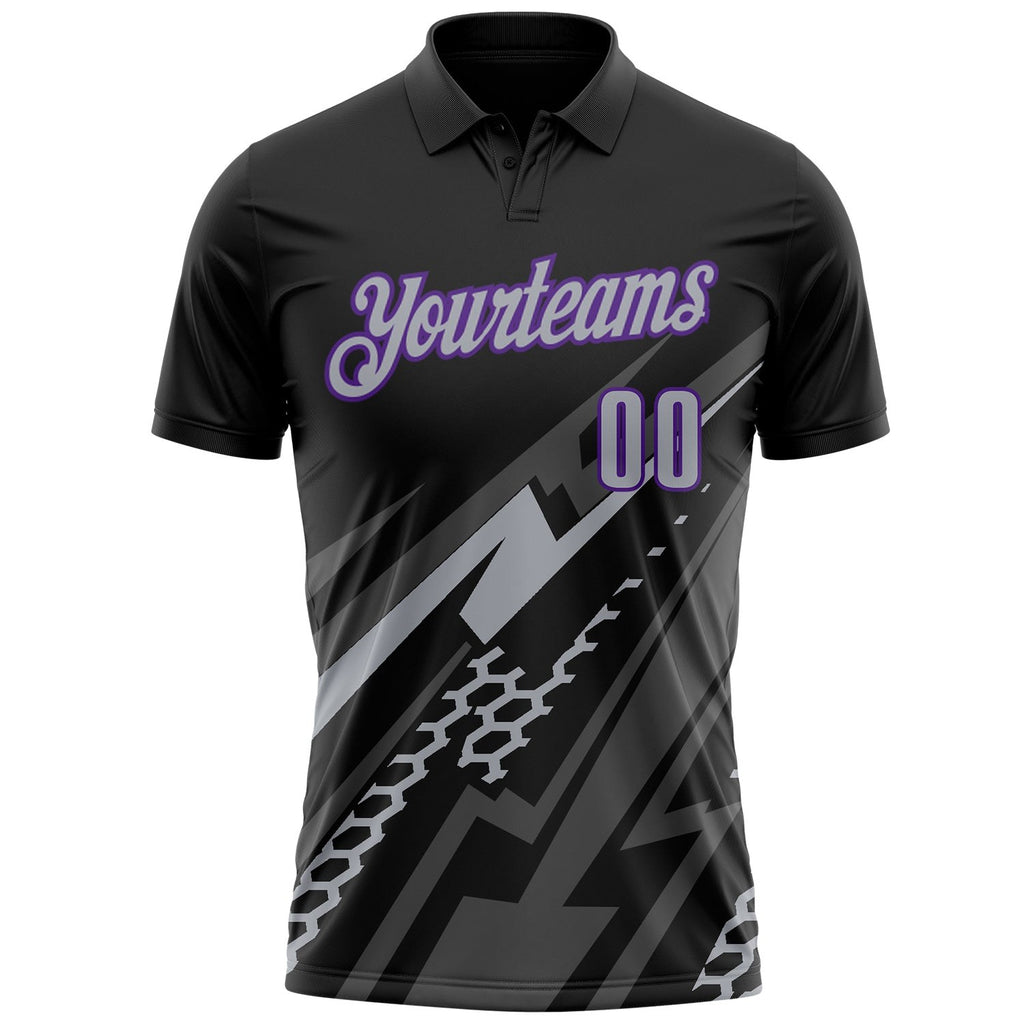 Custom Black Gray-Purple Lightning Geometric Performance Polo Shirt photo 2