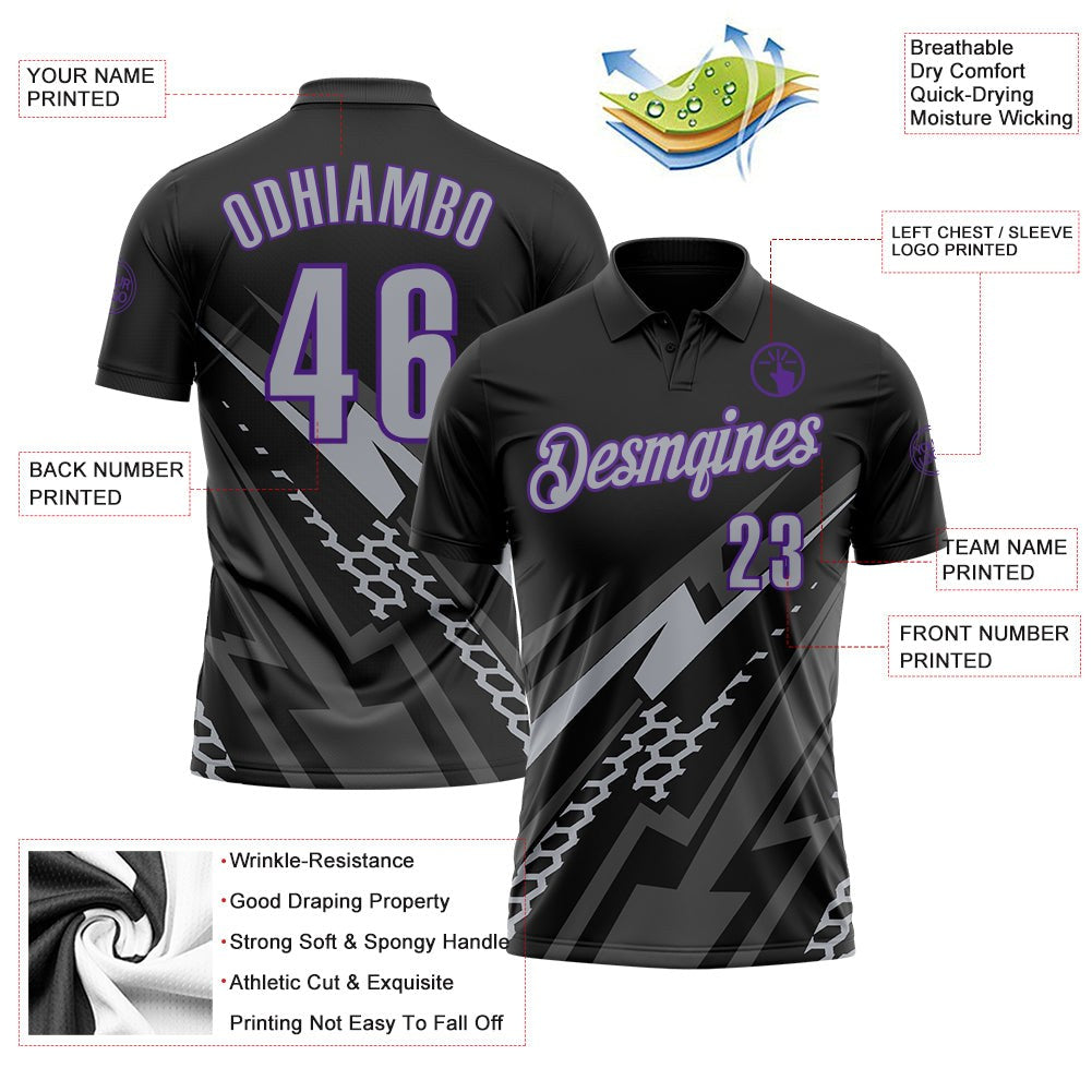 Custom Black Gray-Purple Lightning Geometric Performance Polo Shirt photo 3