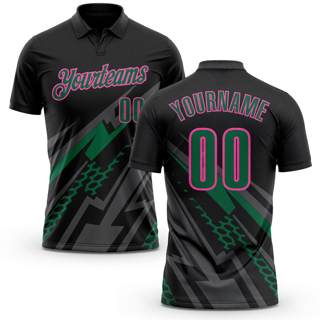Custom Black Kelly Green Gray-Pink Lightning Geometric Performance Polo Shirt