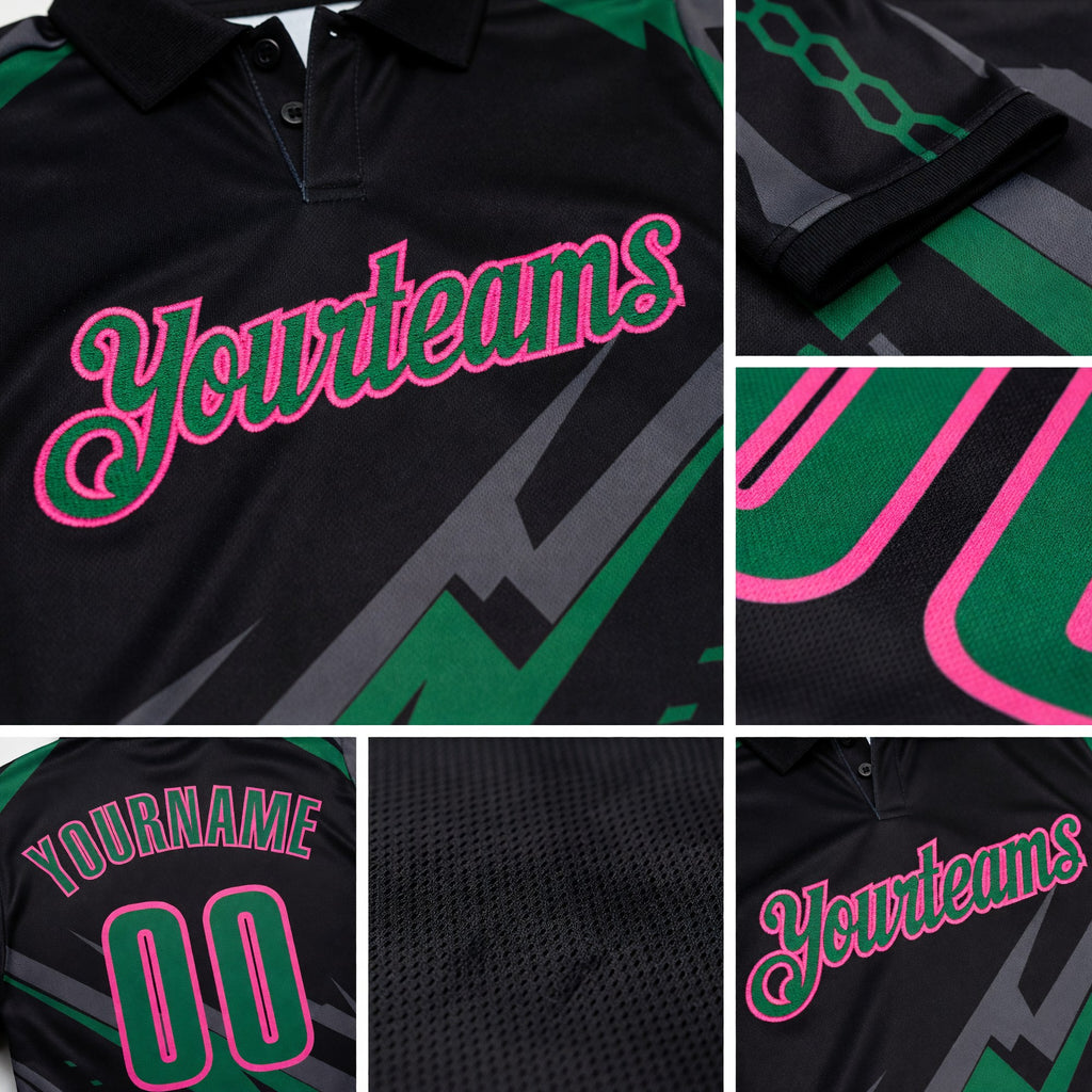 Custom Black Kelly Green Gray-Pink Lightning Geometric Performance Polo Shirt detail