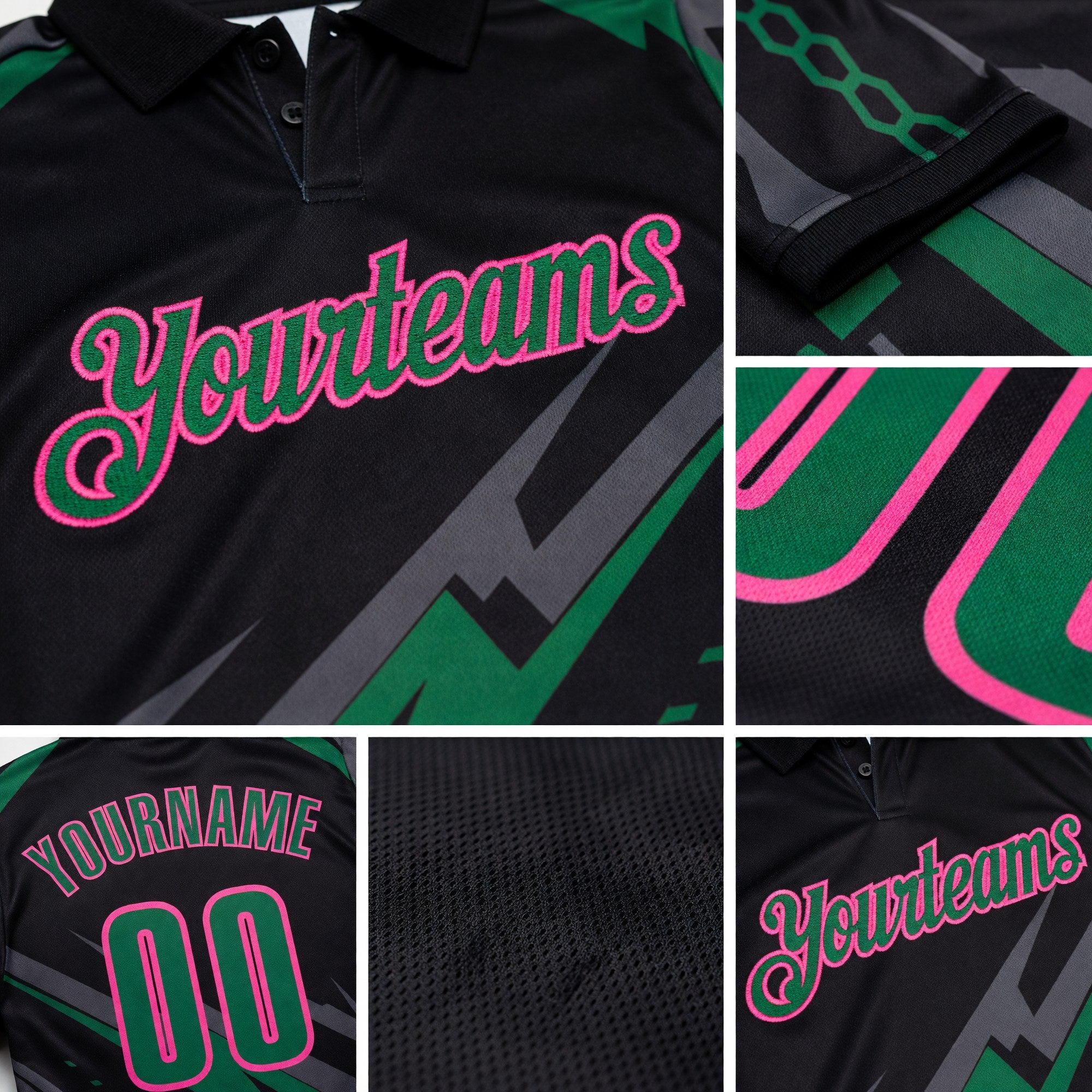 Custom Black Kelly Green Gray-Pink Lightning Geometric Performance Polo Shirt detail