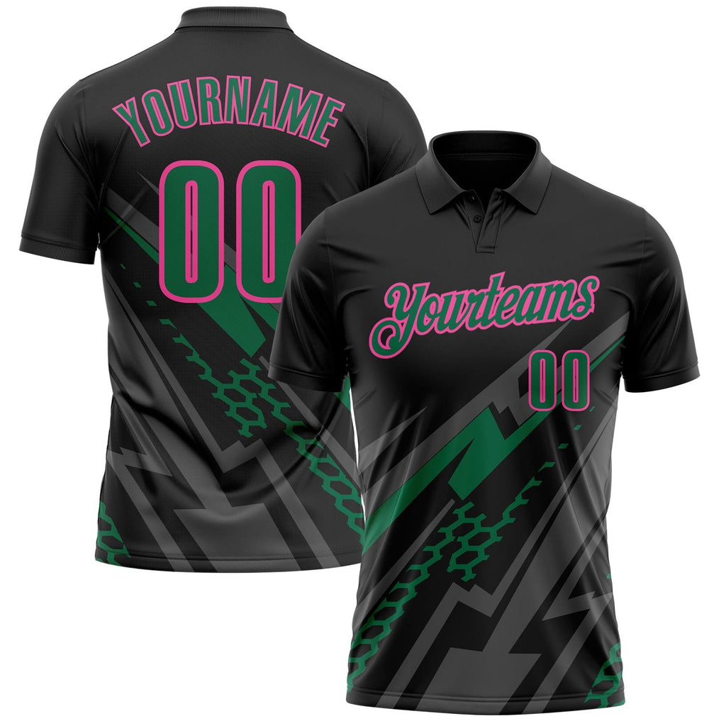 Custom Black Kelly Green Gray-Pink Lightning Geometric Performance Polo Shirt photo 1