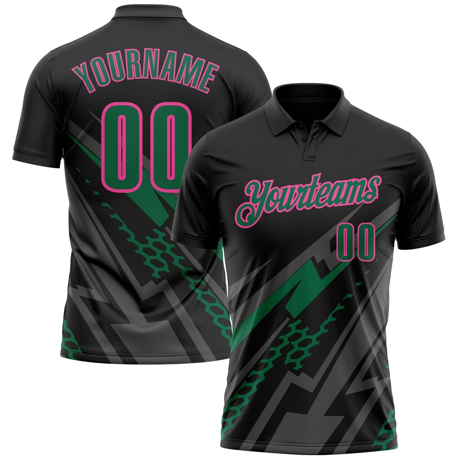 Custom Black Kelly Green Gray-Pink Lightning Geometric Performance Polo Shirt photo 1