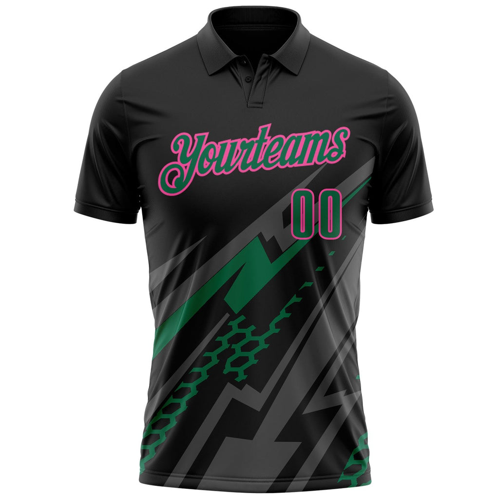 Custom Black Kelly Green Gray-Pink Lightning Geometric Performance Polo Shirt photo 2