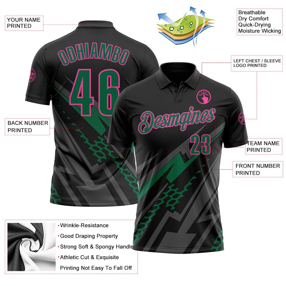 Custom Black Kelly Green Gray-Pink Lightning Geometric Performance Polo Shirt photo 3