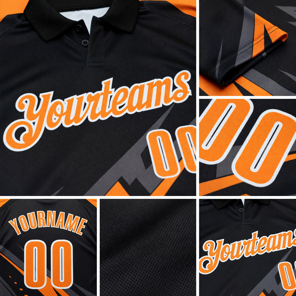 Custom Black Bay Orange Gray-White Lightning Geometric Performance Polo Shirt detail