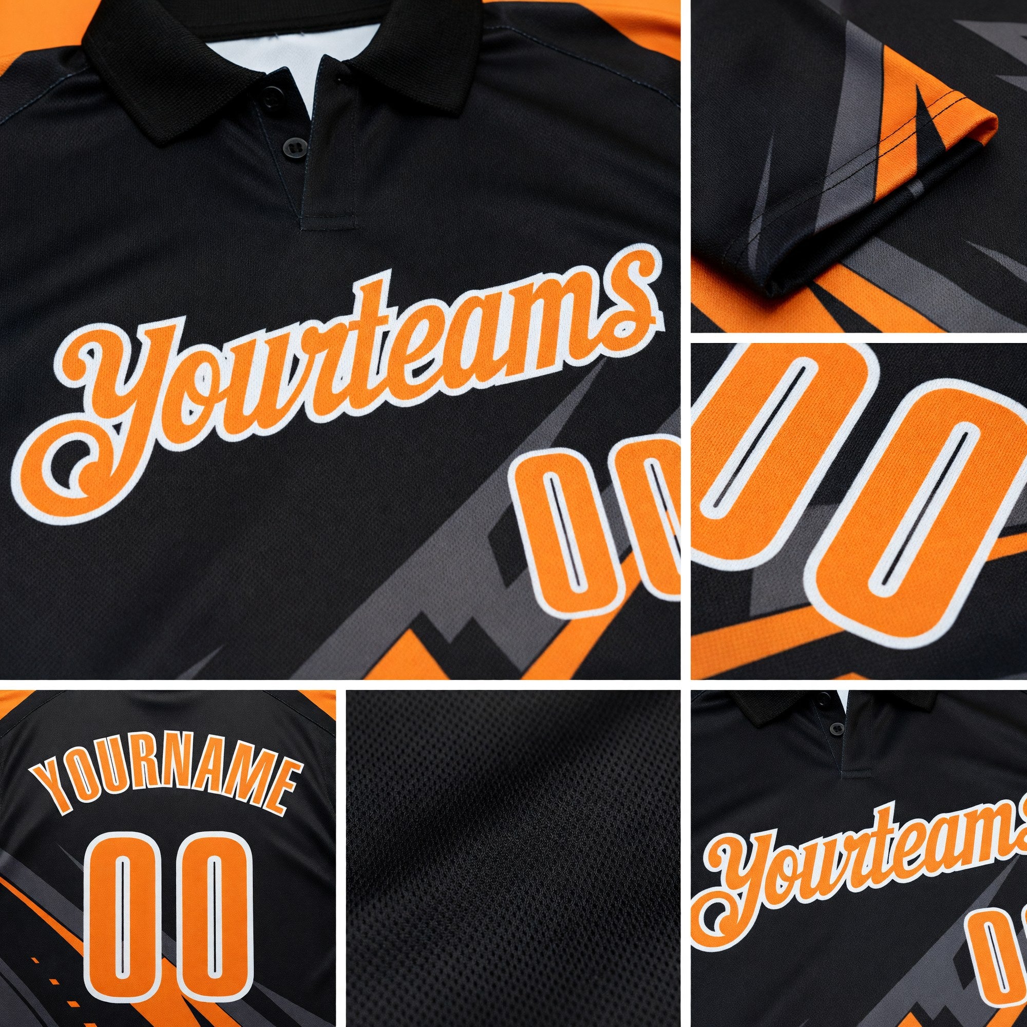 Custom Black Bay Orange Gray-White Lightning Geometric Performance Polo Shirt detail