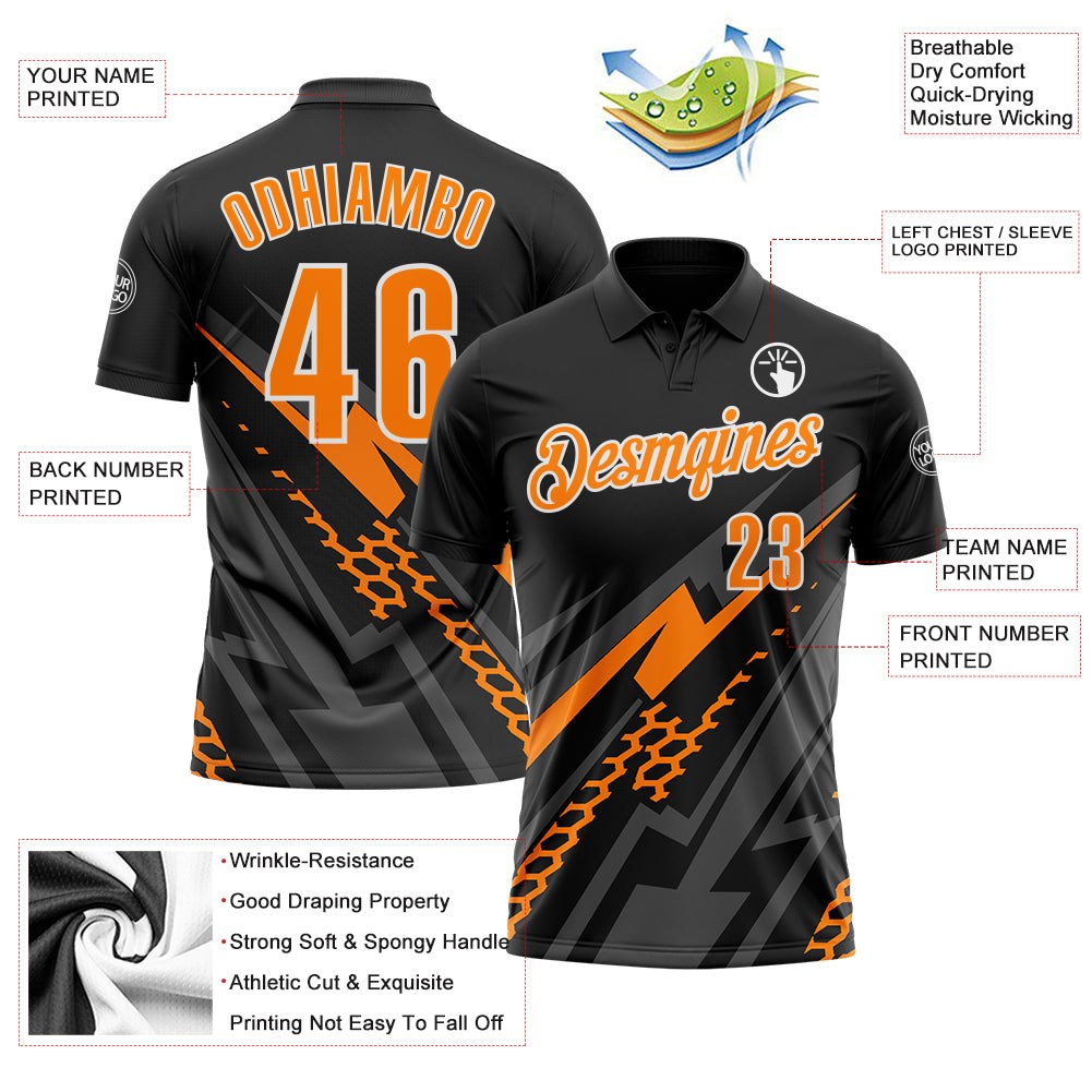 Custom Black Bay Orange Gray-White Lightning Geometric Performance Polo Shirt photo 3