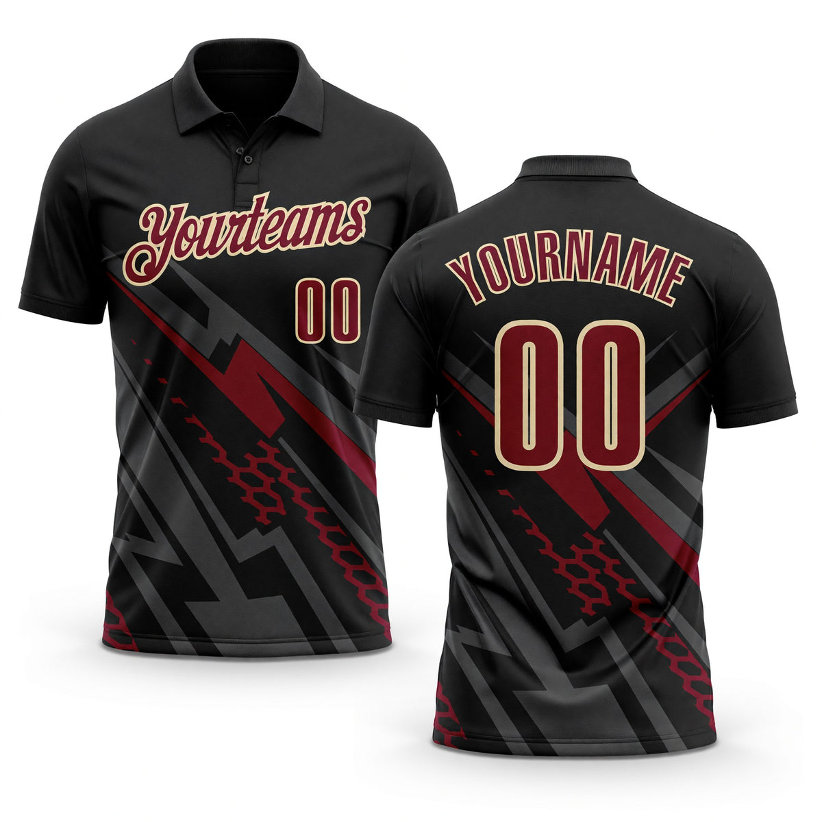 Custom Black Crimson Gray-Cream Lightning Geometric Performance Polo Shirt