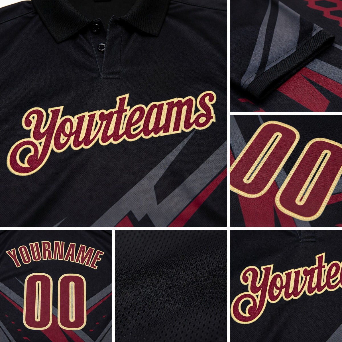 Custom Black Crimson Gray-Cream Lightning Geometric Performance Polo Shirt detail
