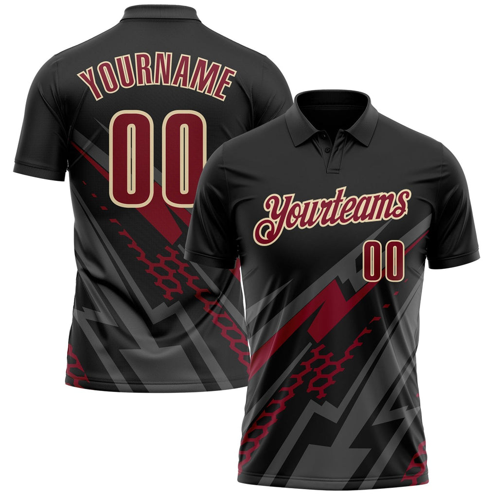 Custom Black Crimson Gray-Cream Lightning Geometric Performance Polo Shirt photo 1