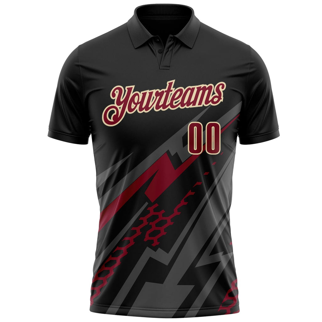 Custom Black Crimson Gray-Cream Lightning Geometric Performance Polo Shirt photo 2