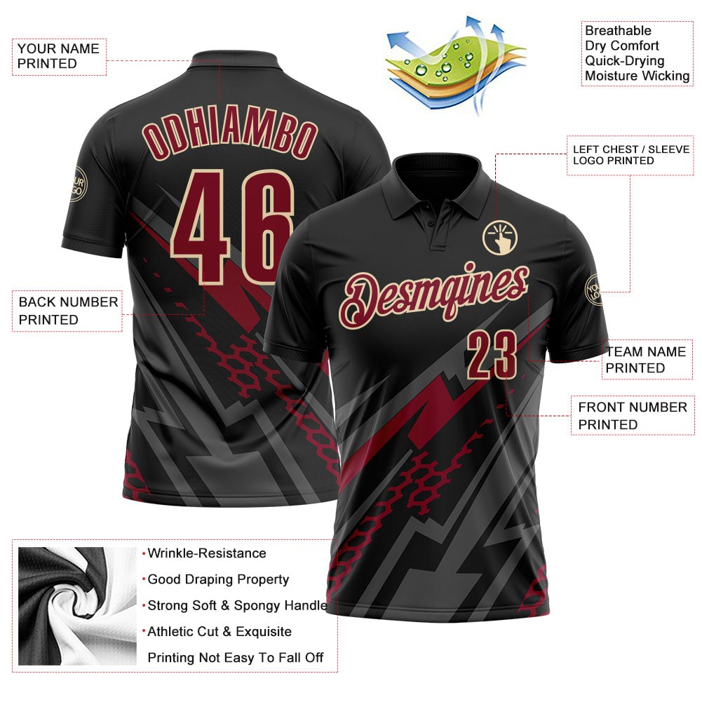 Custom Black Crimson Gray-Cream Lightning Geometric Performance Polo Shirt photo 3