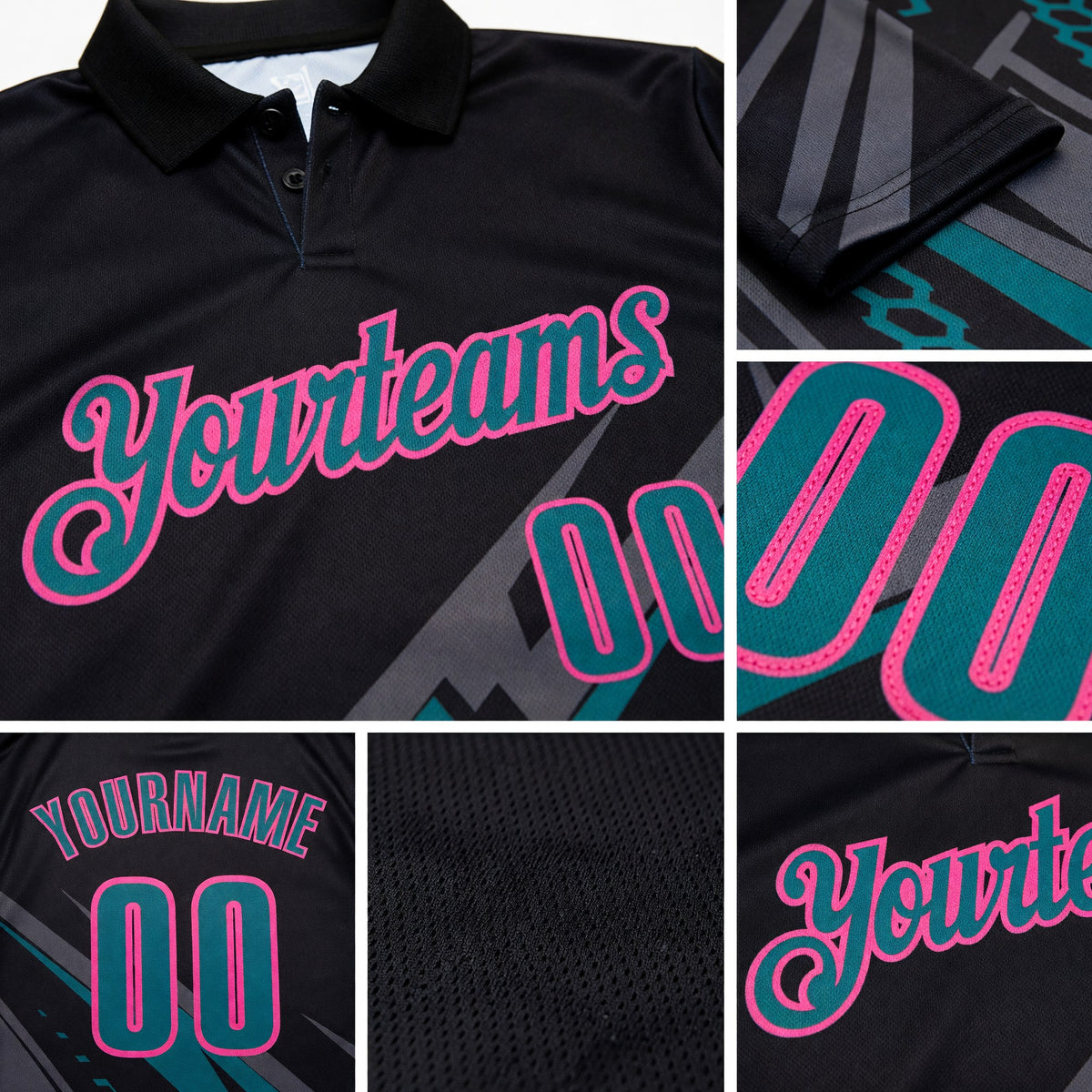 Custom Black Teal Gray-Pink Lightning Geometric Performance Polo Shirt detail