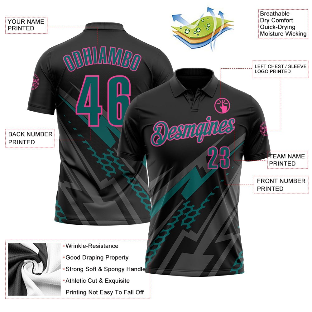 Custom Black Teal Gray-Pink Lightning Geometric Performance Polo Shirt photo 3