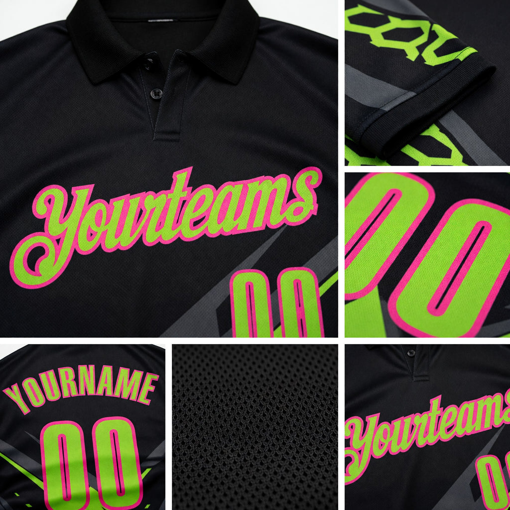 Custom Black Neon Green Gray-Pink Lightning Geometric Performance Polo Shirt detail