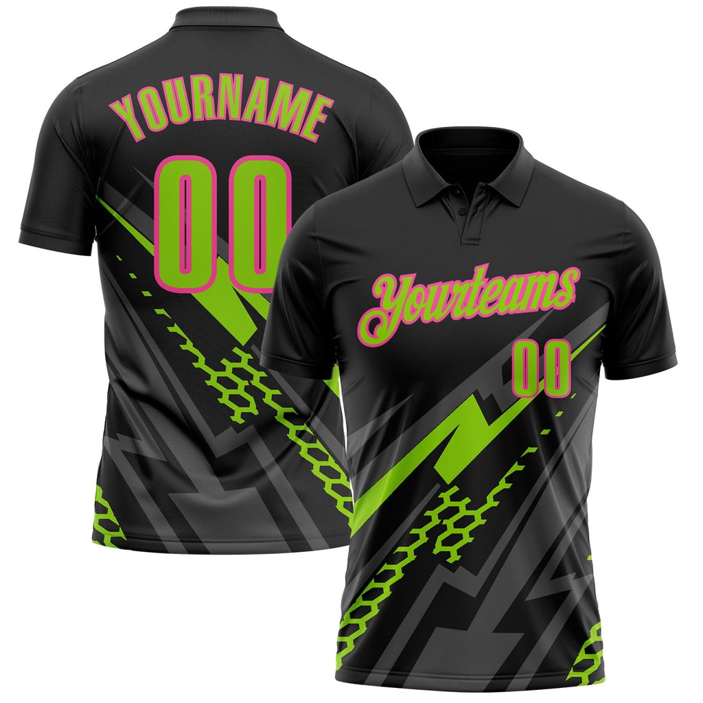Custom Black Neon Green Gray-Pink Lightning Geometric Performance Polo Shirt photo 1