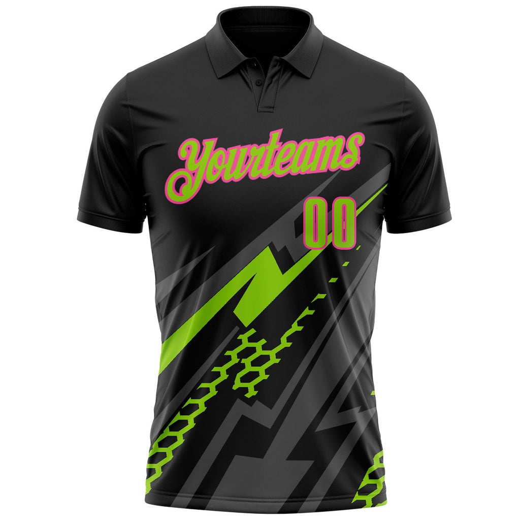 Custom Black Neon Green Gray-Pink Lightning Geometric Performance Polo Shirt photo 2