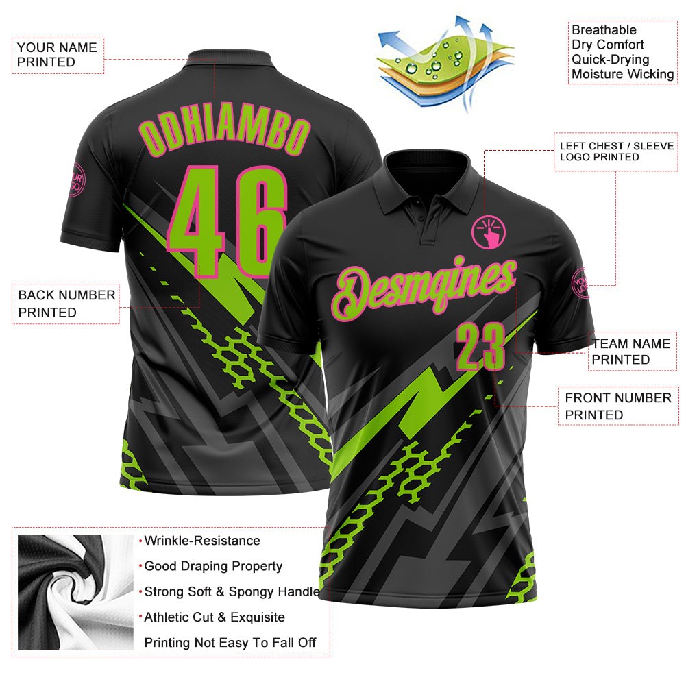Custom Black Neon Green Gray-Pink Lightning Geometric Performance Polo Shirt photo 3