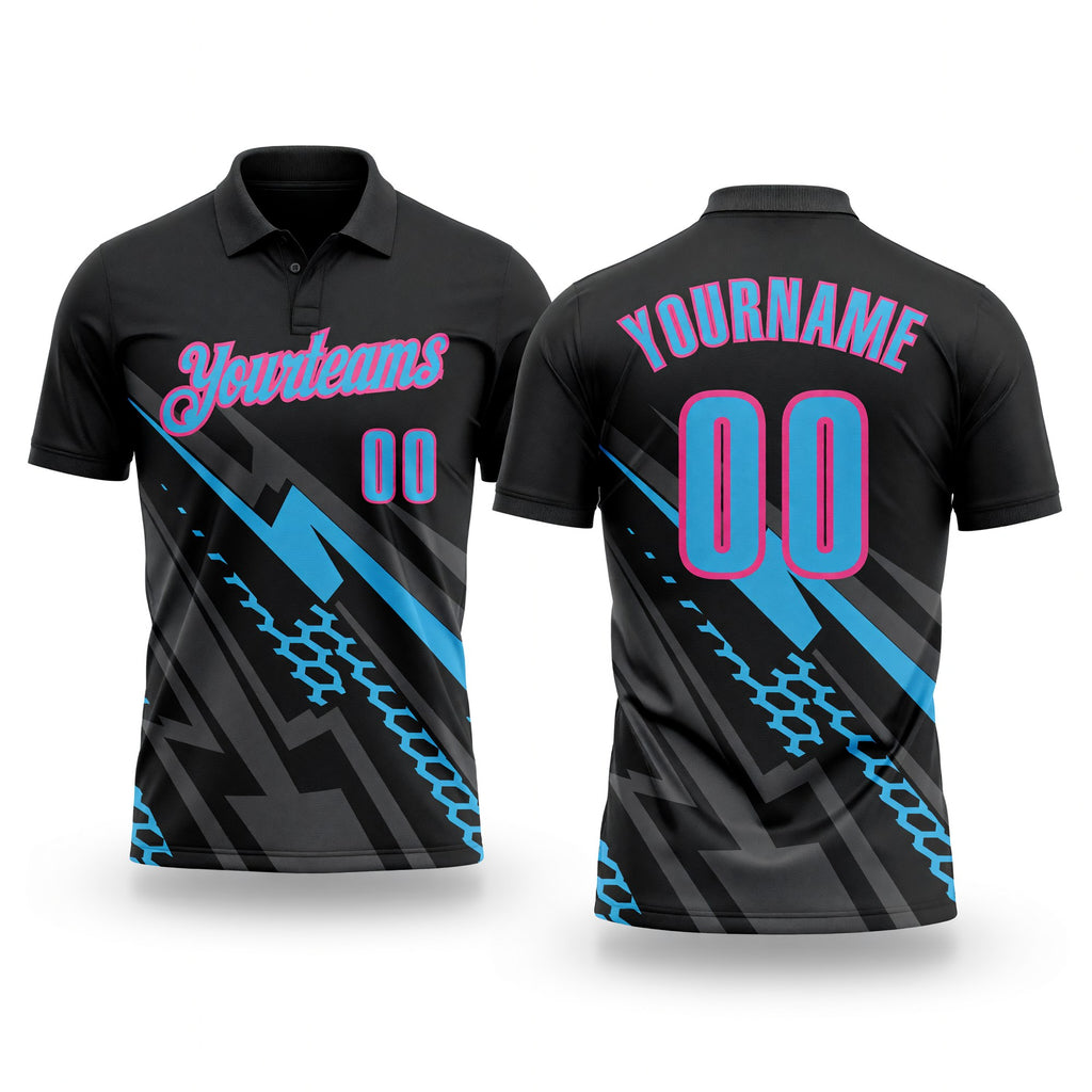 Custom Black Sky Blue Gray-Pink Lightning Geometric Performance Polo Shirt