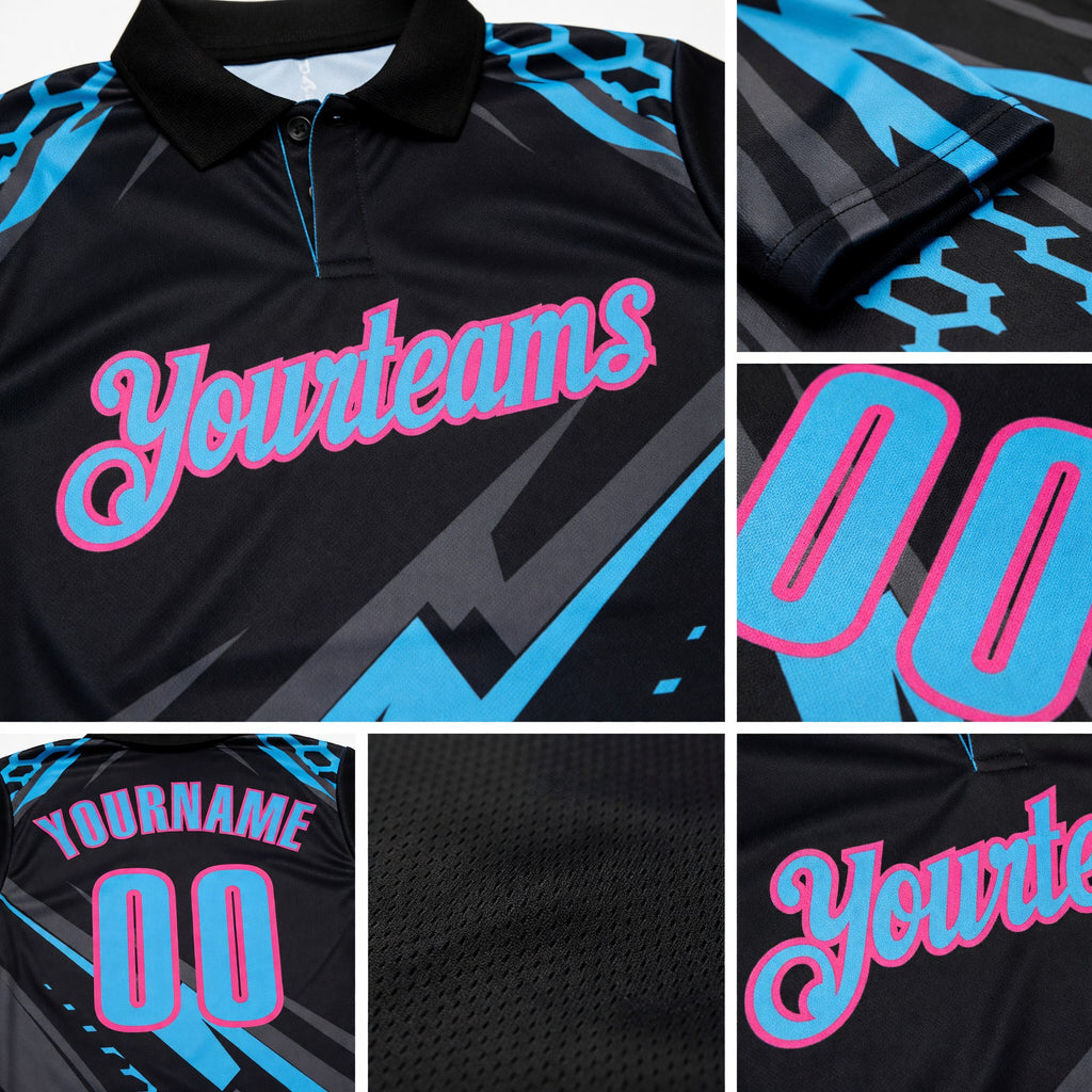 Custom Black Sky Blue Gray-Pink Lightning Geometric Performance Polo Shirt detail