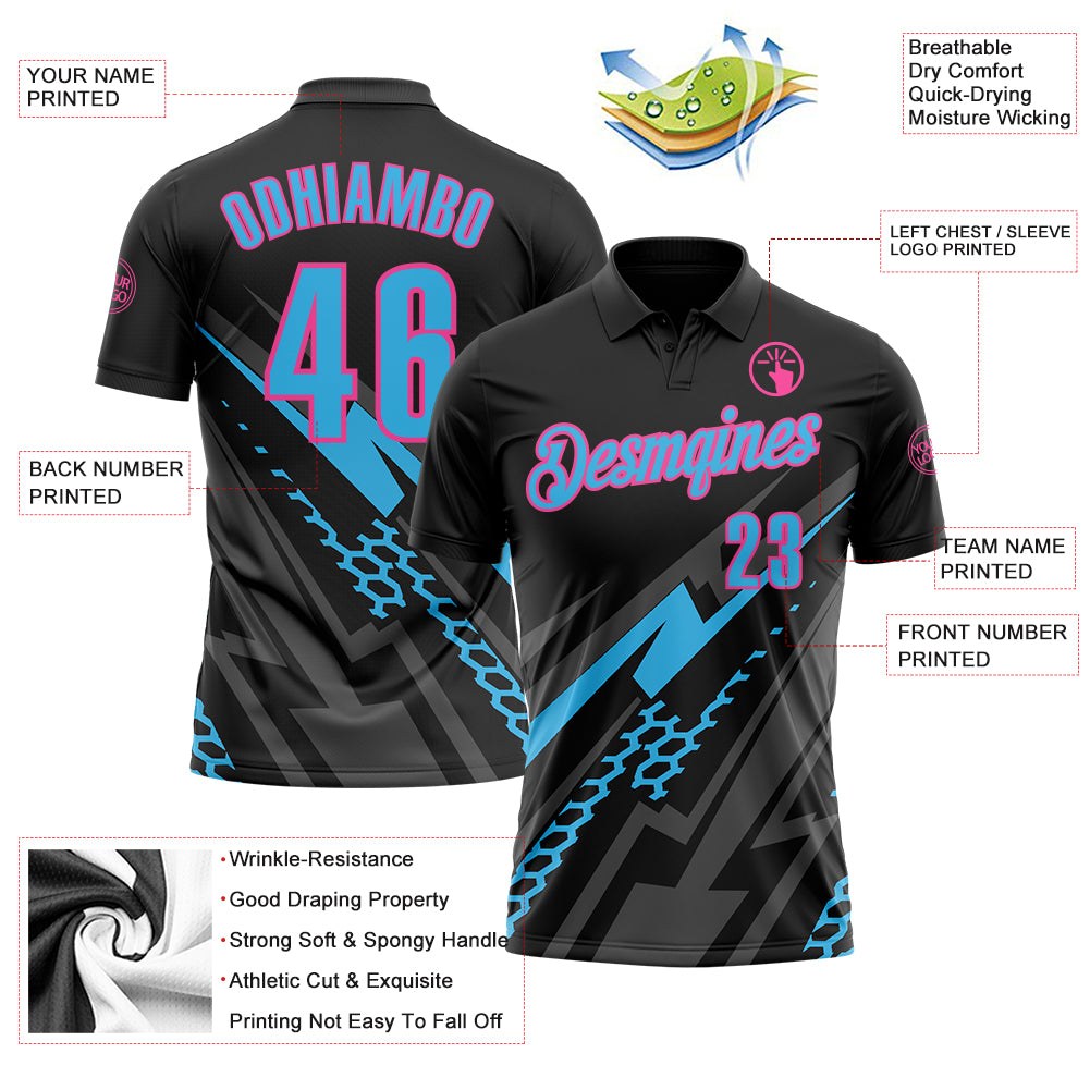 Custom Black Sky Blue Gray-Pink Lightning Geometric Performance Polo Shirt photo 3