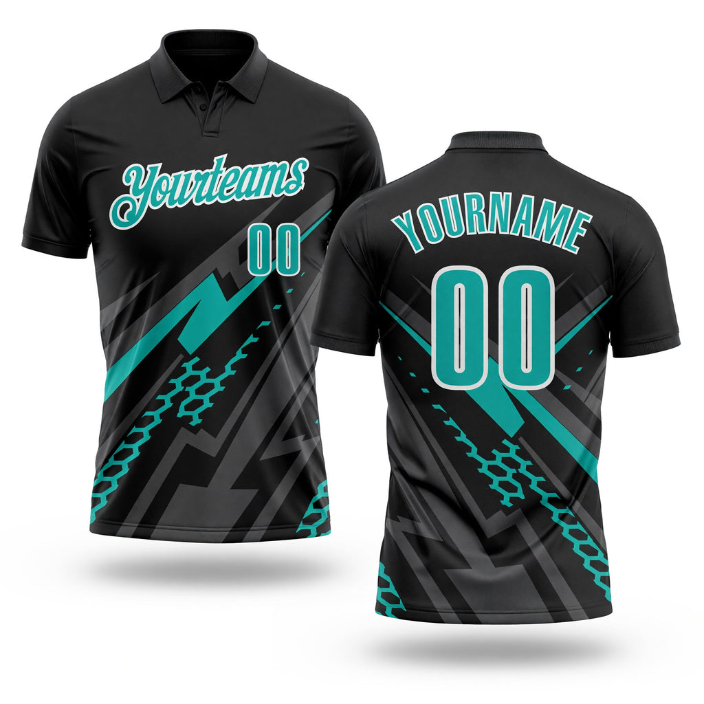 Custom Black Aqua Gray-White Lightning Geometric Performance Polo Shirt