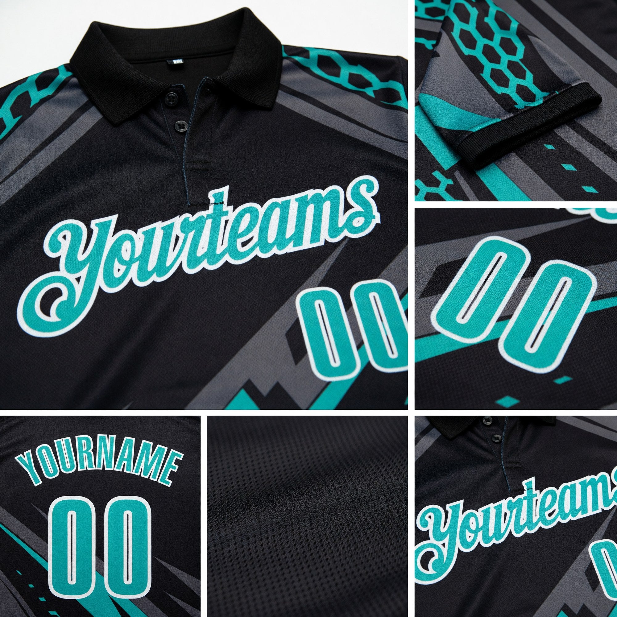 Custom Black Aqua Gray-White Lightning Geometric Performance Polo Shirt detail