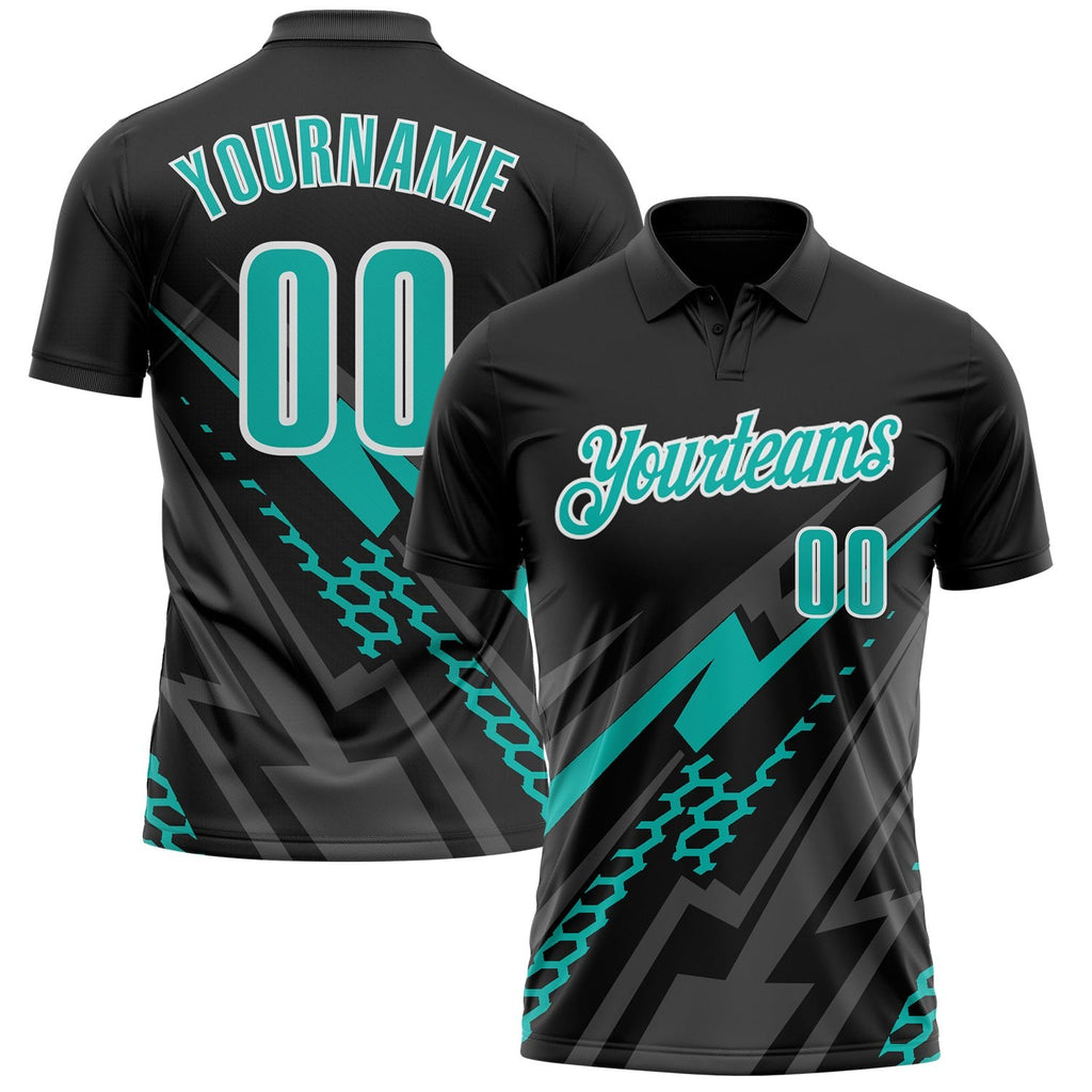 Custom Black Aqua Gray-White Lightning Geometric Performance Polo Shirt photo 1
