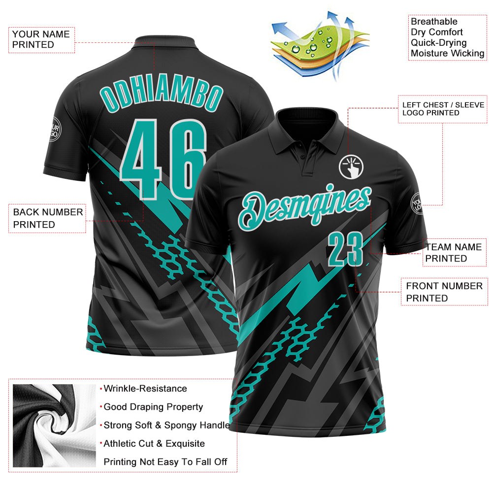Custom Black Aqua Gray-White Lightning Geometric Performance Polo Shirt photo 3
