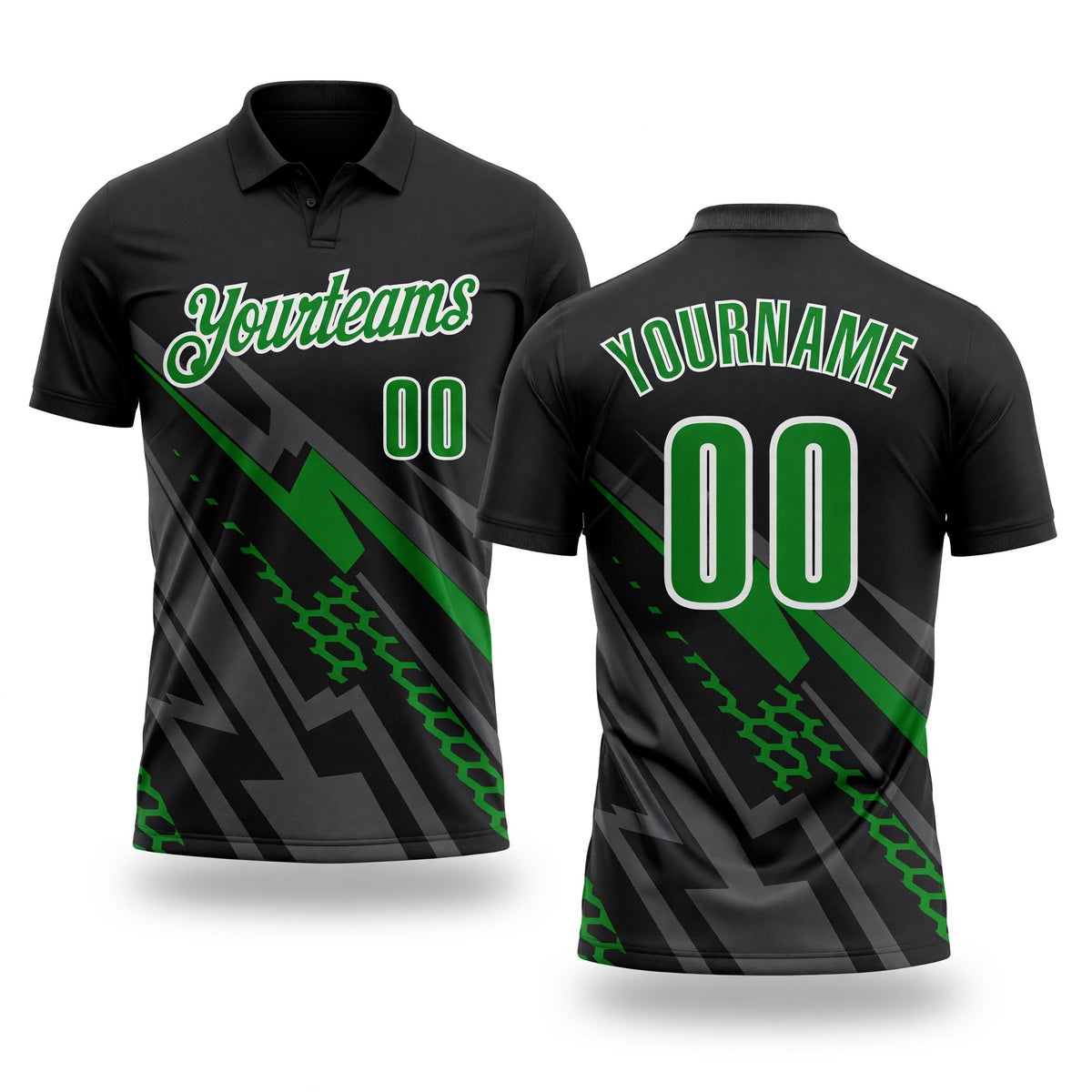 Custom Black Grass Green Gray-White Lightning Geometric Performance Polo Shirt