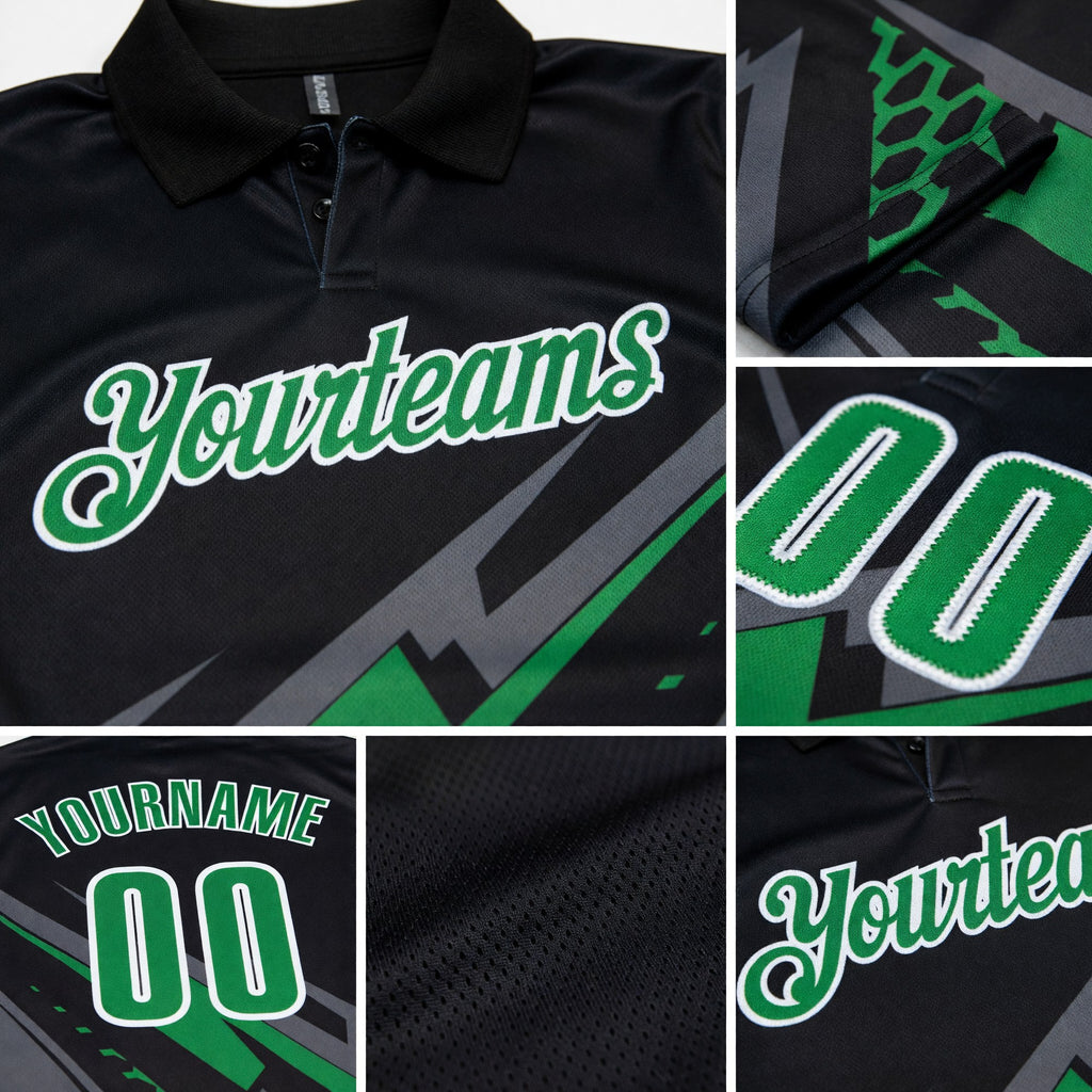Custom Black Grass Green Gray-White Lightning Geometric Performance Polo Shirt detail