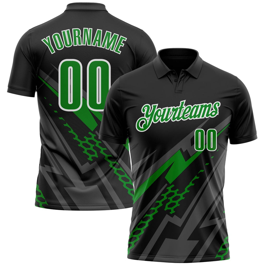 Custom Black Grass Green Gray-White Lightning Geometric Performance Polo Shirt photo 1
