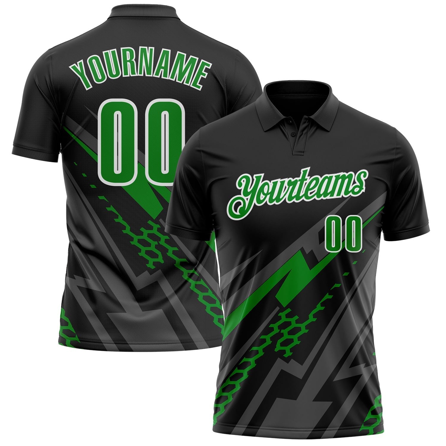 Custom Black Grass Green Gray-White Lightning Geometric Performance Polo Shirt photo 1
