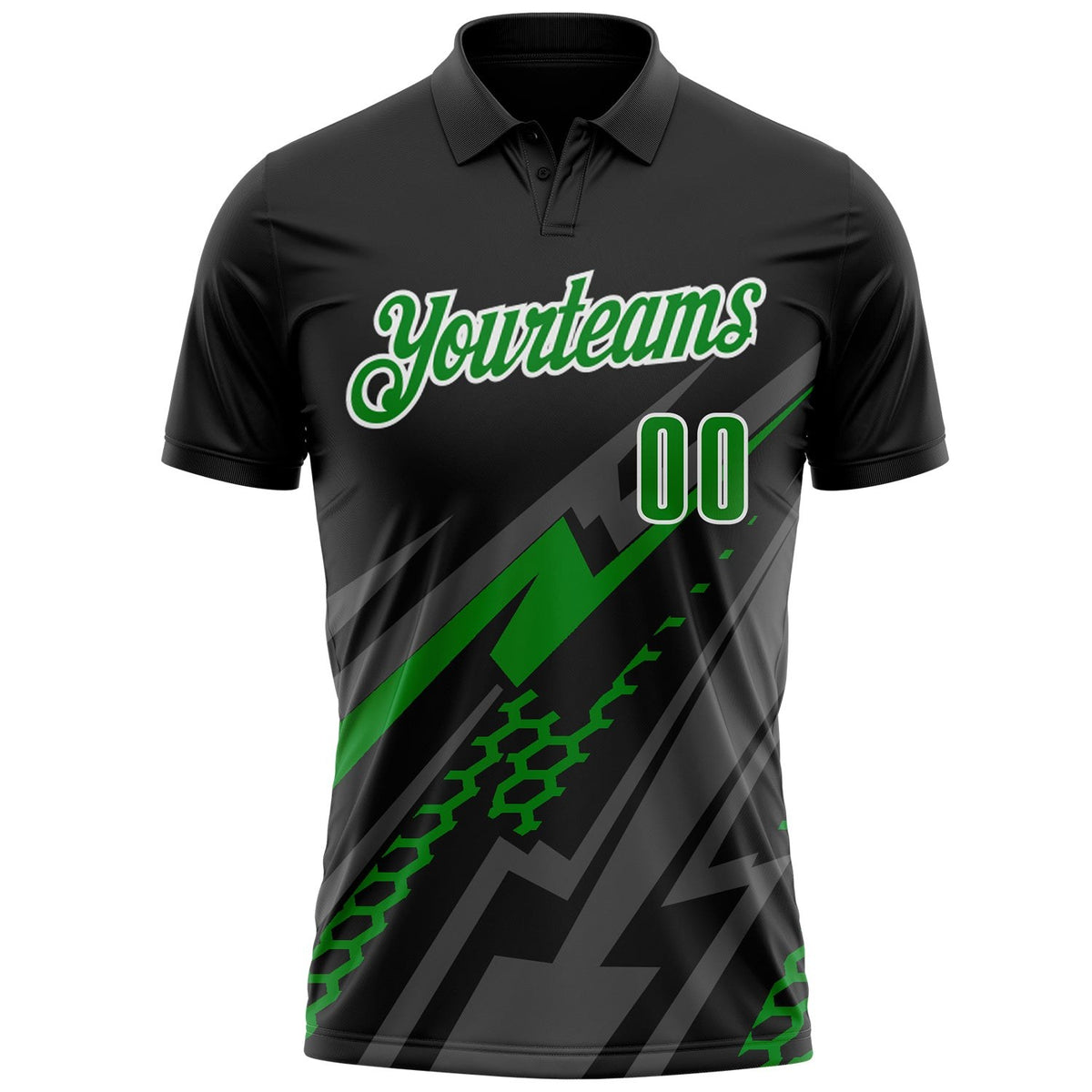 Custom Black Grass Green Gray-White Lightning Geometric Performance Polo Shirt photo 2