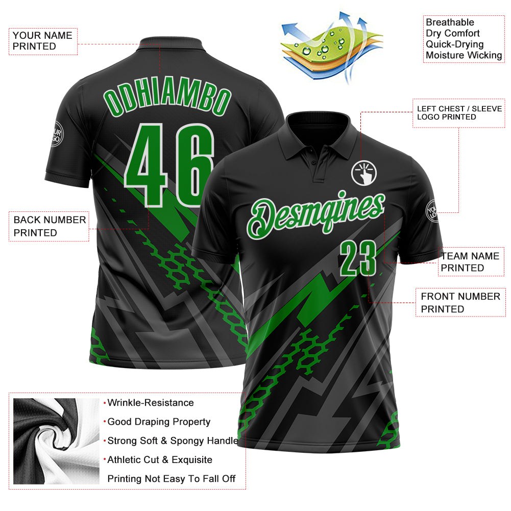 Custom Black Grass Green Gray-White Lightning Geometric Performance Polo Shirt photo 3