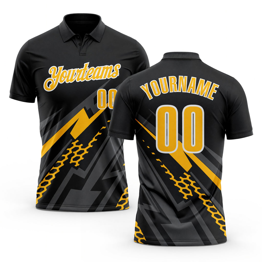 Custom Black Gold Gray-White Lightning Geometric Performance Polo Shirt