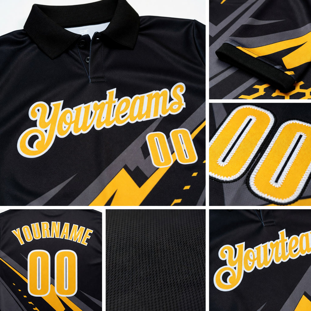 Custom Black Gold Gray-White Lightning Geometric Performance Polo Shirt detail