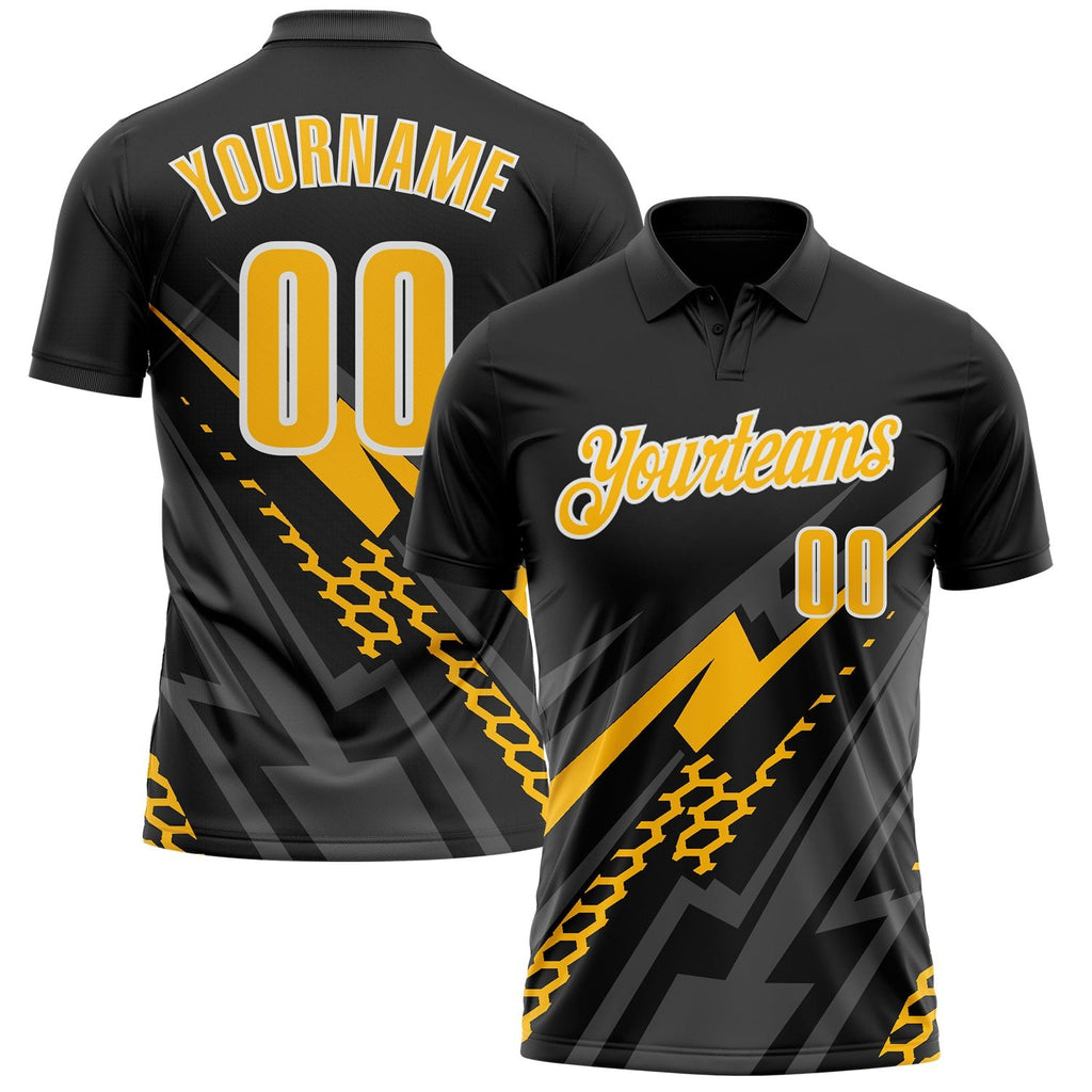 Custom Black Gold Gray-White Lightning Geometric Performance Polo Shirt photo 1