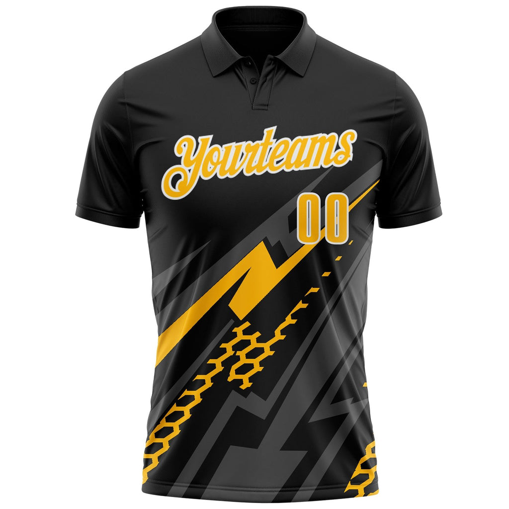 Custom Black Gold Gray-White Lightning Geometric Performance Polo Shirt photo 2