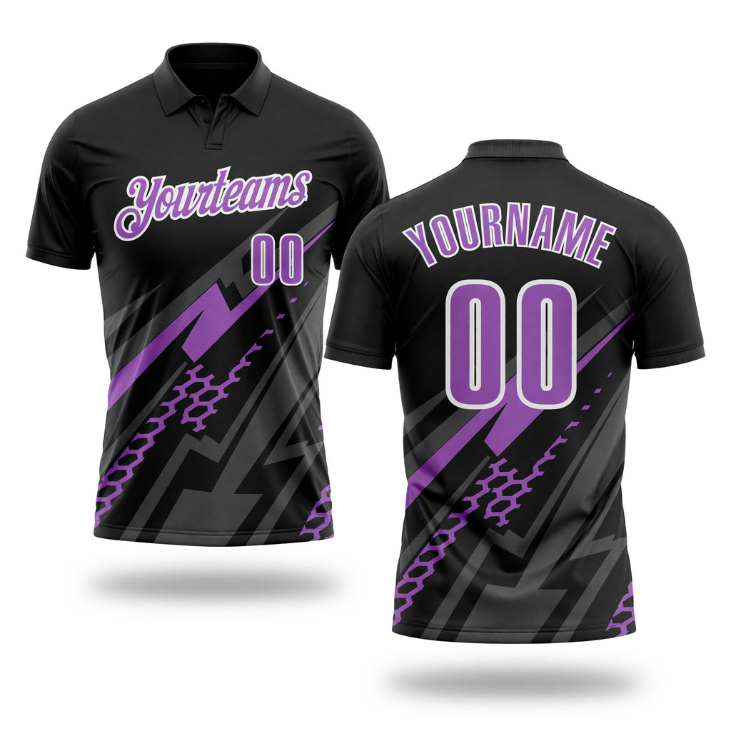 Custom Black Medium Purple Gray-White Lightning Geometric Performance Polo Shirt