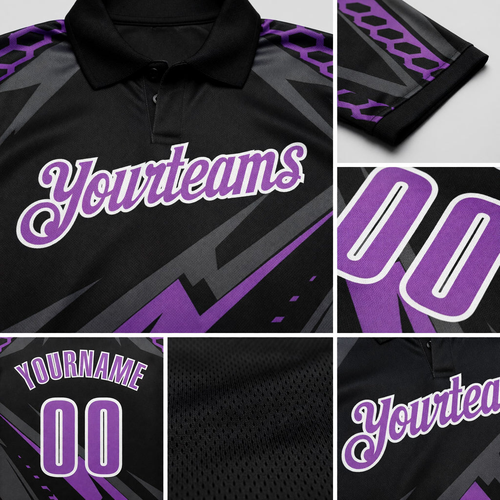 Custom Black Medium Purple Gray-White Lightning Geometric Performance Polo Shirt detail