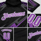 Custom Black Medium Purple Gray-White Lightning Geometric Performance Polo Shirt detail