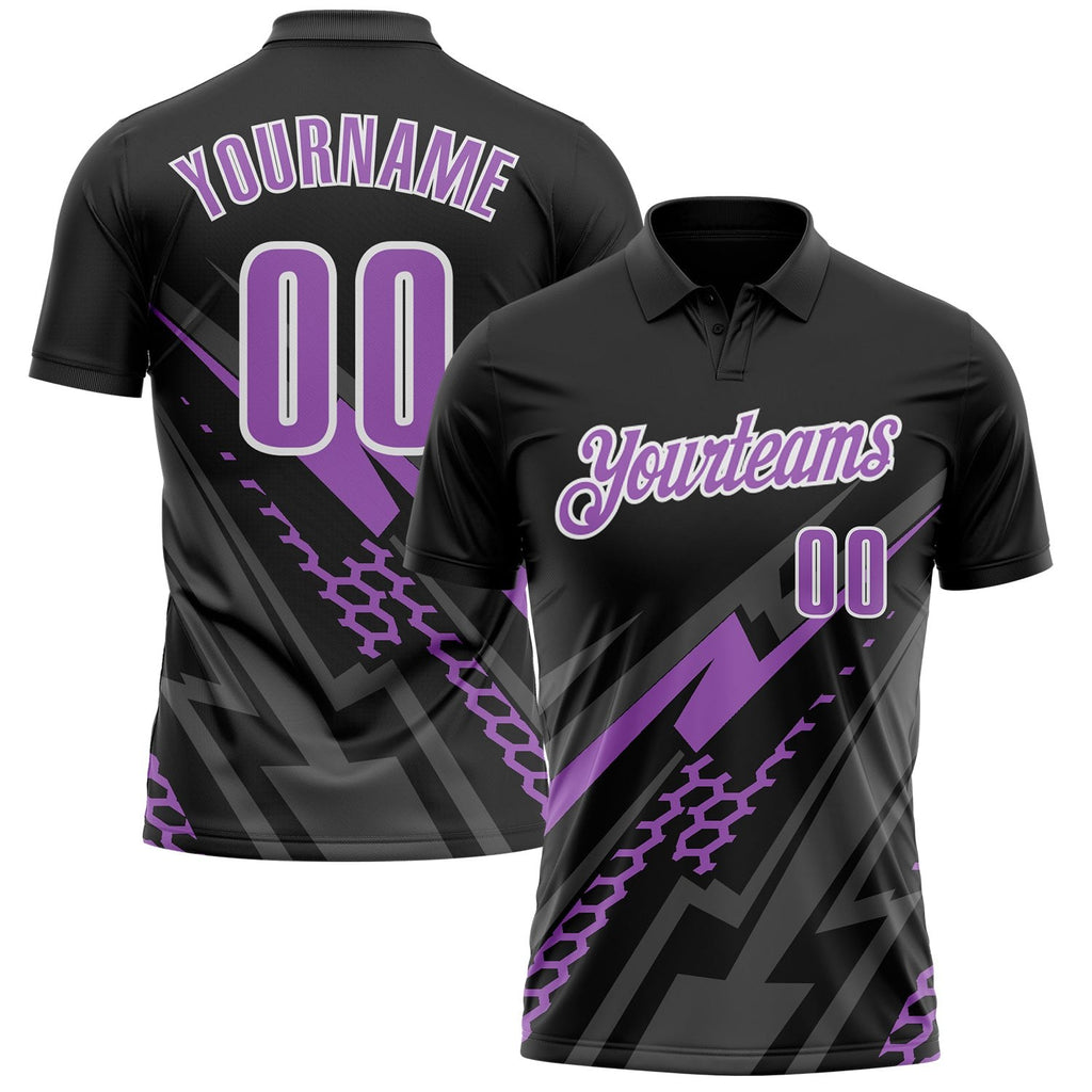 Custom Black Medium Purple Gray-White Lightning Geometric Performance Polo Shirt photo 1