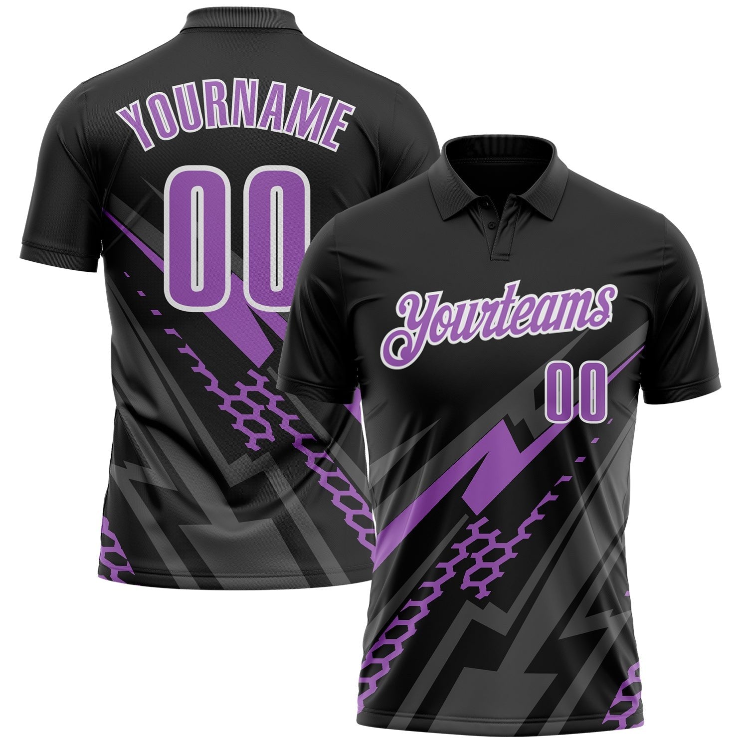 Custom Black Medium Purple Gray-White Lightning Geometric Performance Polo Shirt photo 1