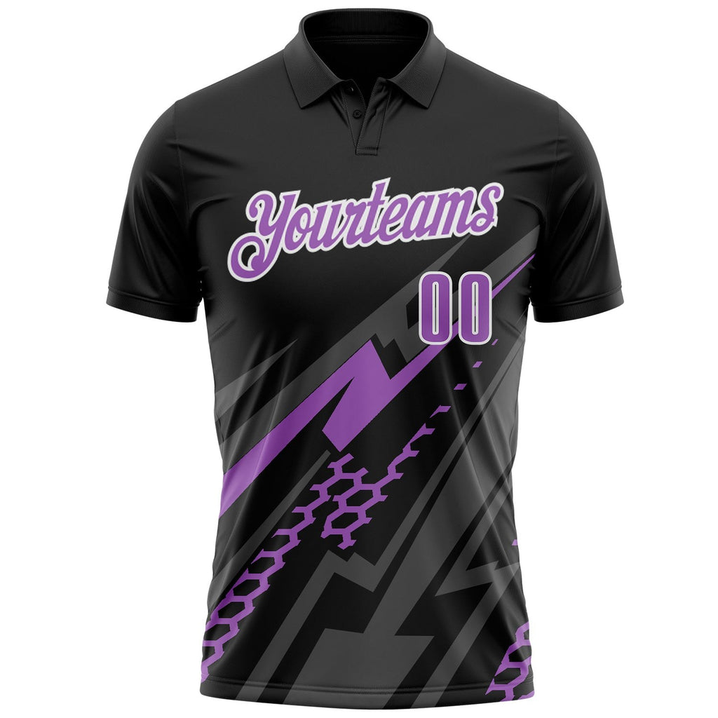 Custom Black Medium Purple Gray-White Lightning Geometric Performance Polo Shirt photo 2