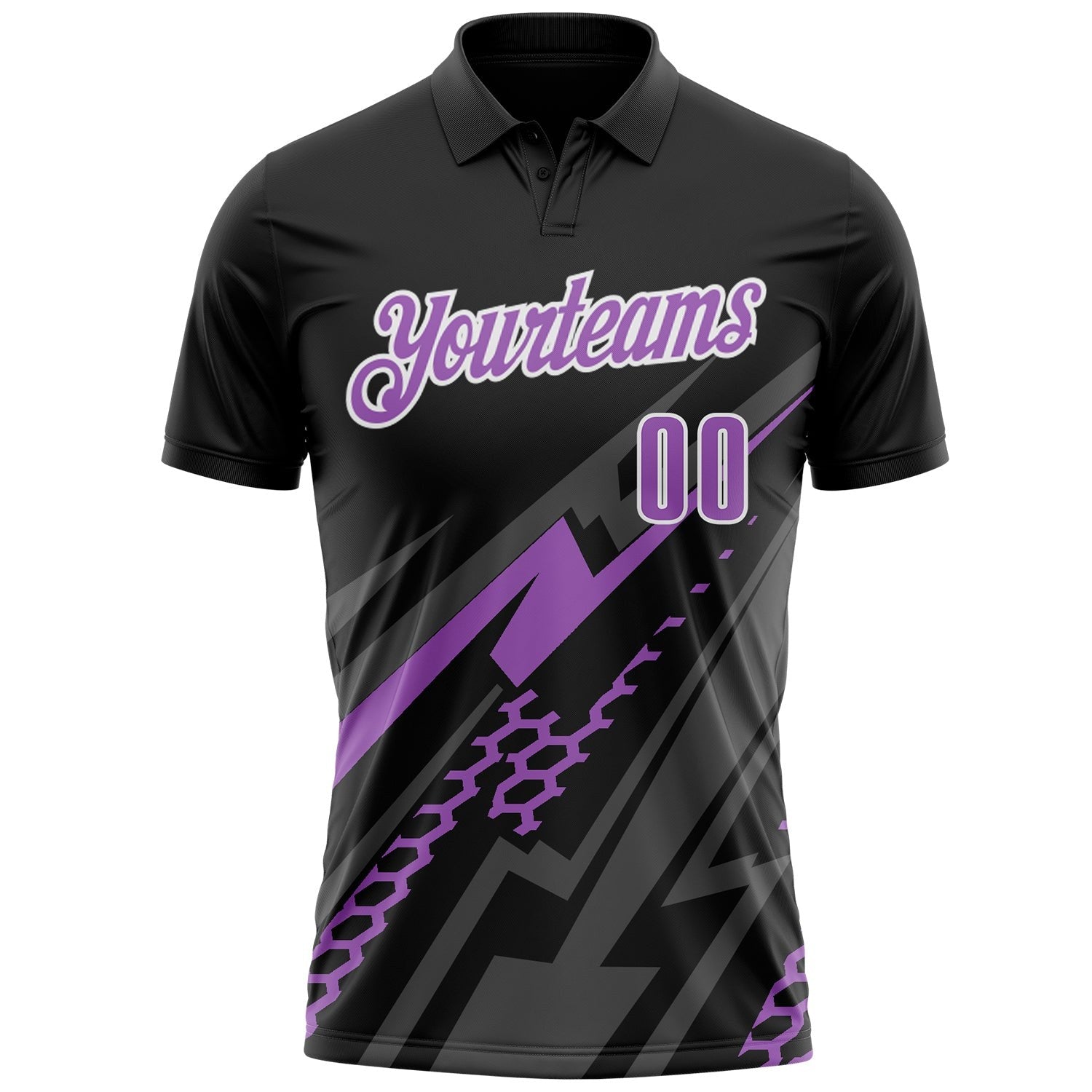 Custom Black Medium Purple Gray-White Lightning Geometric Performance Polo Shirt photo 2
